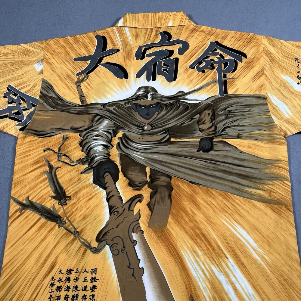 Vintage Samurai Shirt XL Yellow Anime Warrior HipHop Streetwear‎ Y2K Button Up